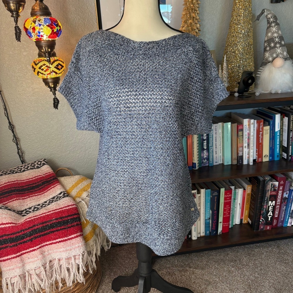 Eddie Bauer Loose Knit Linen/Cotton Short Sleeve Sweater, Blue, Size L